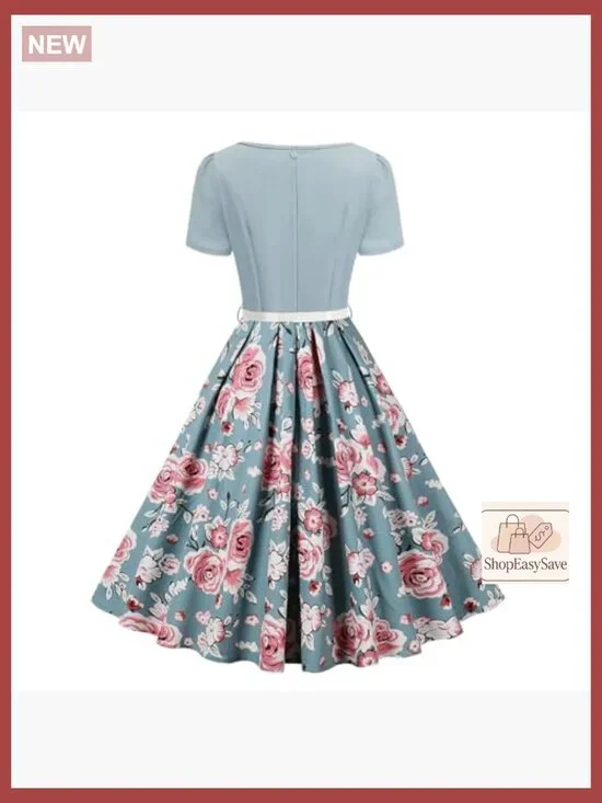 Vintage 50s Swing Dress Puff Sleeve Square Neck A-Line Cocktail Midi - Picture 2 of 6